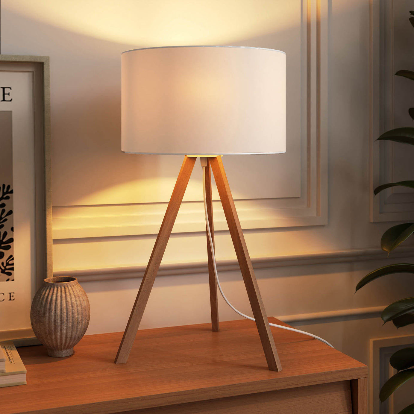 Floor Table Lamp Set LED Natural Bamboo Tripod White Fabric Modern Living Room - Image 1