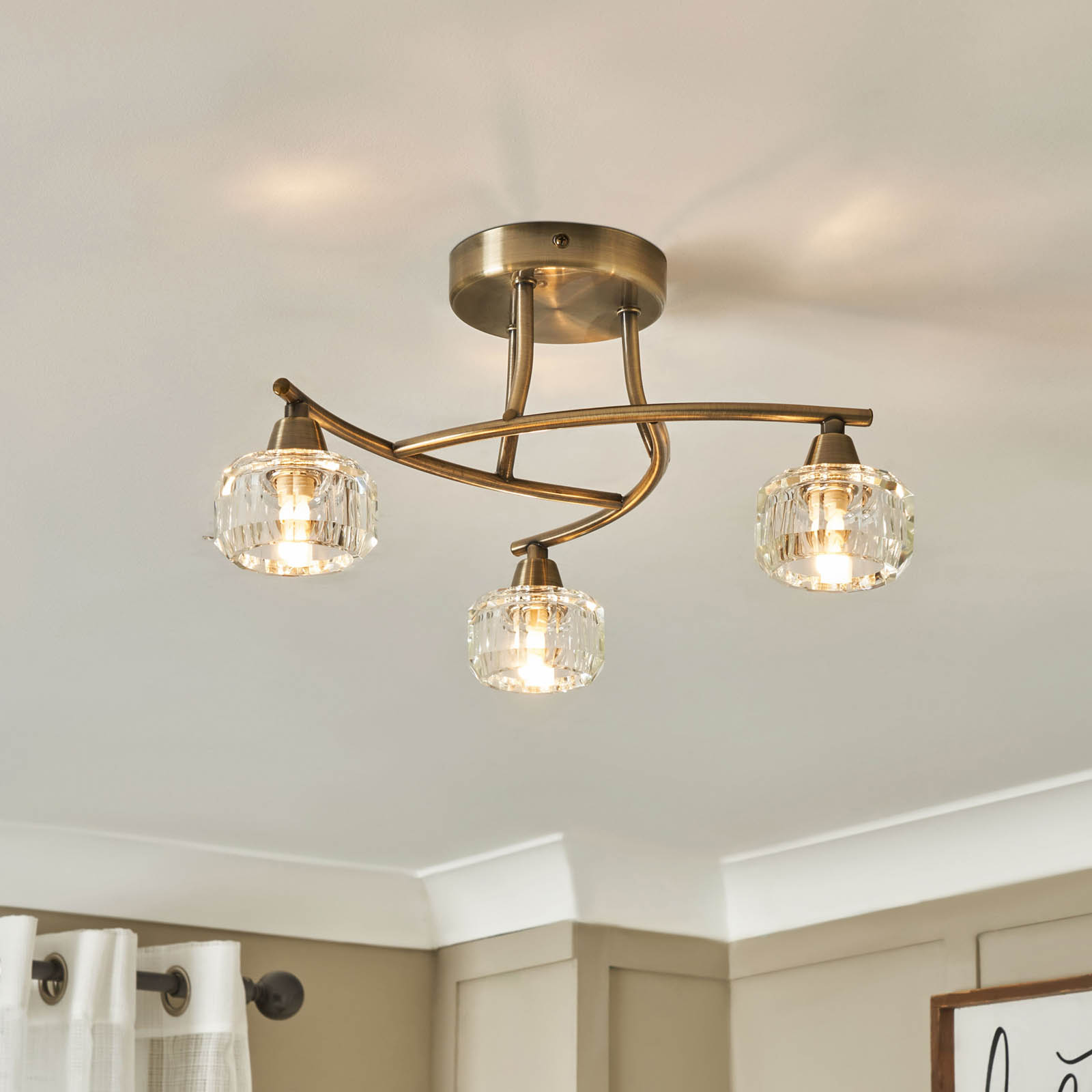 Ceiling Light LED 3 Lamp Warm White Satin Glass Metal Antique Brass Effect - Image 1