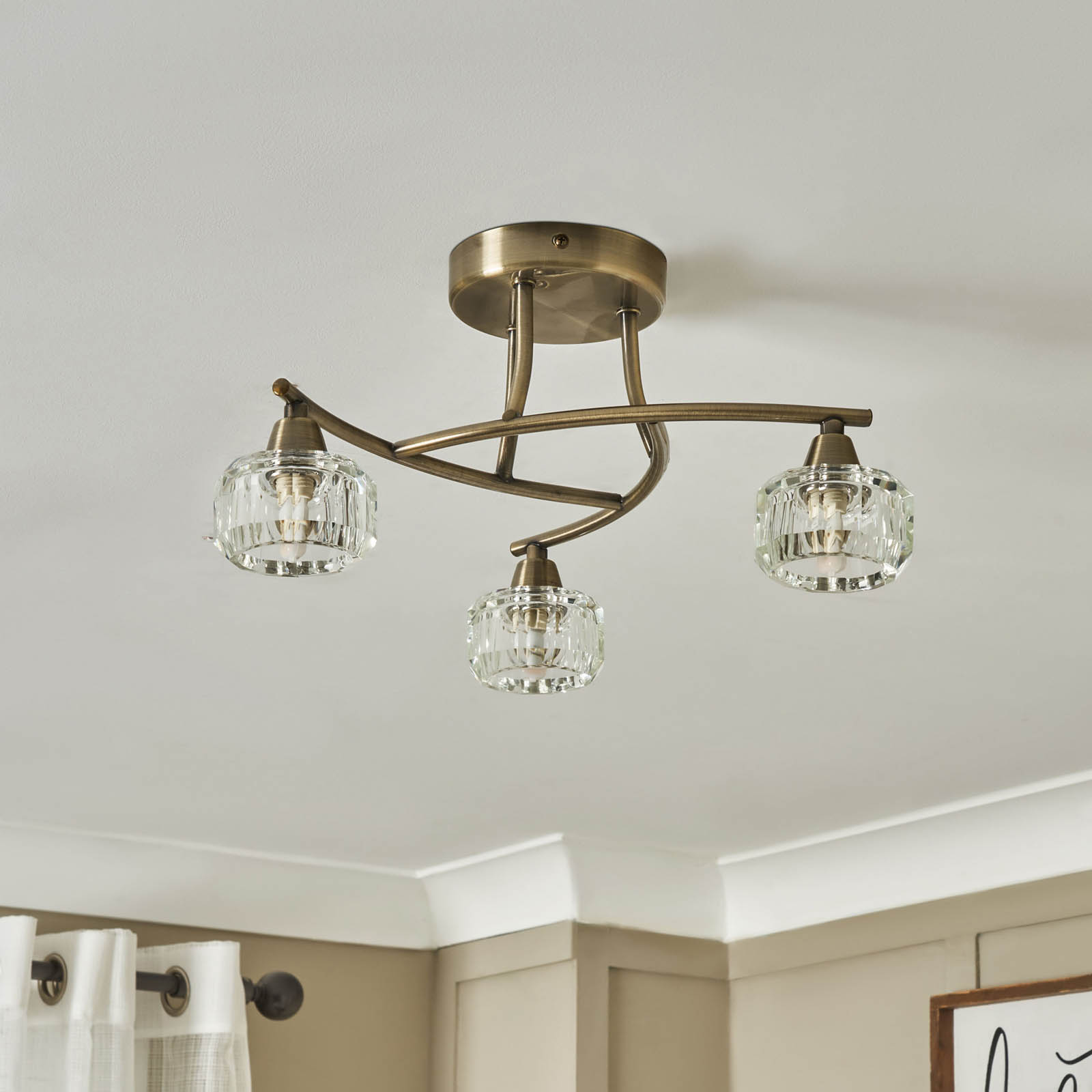 Ceiling Light LED 3 Lamp Warm White Satin Glass Metal Antique Brass Effect - Image 4