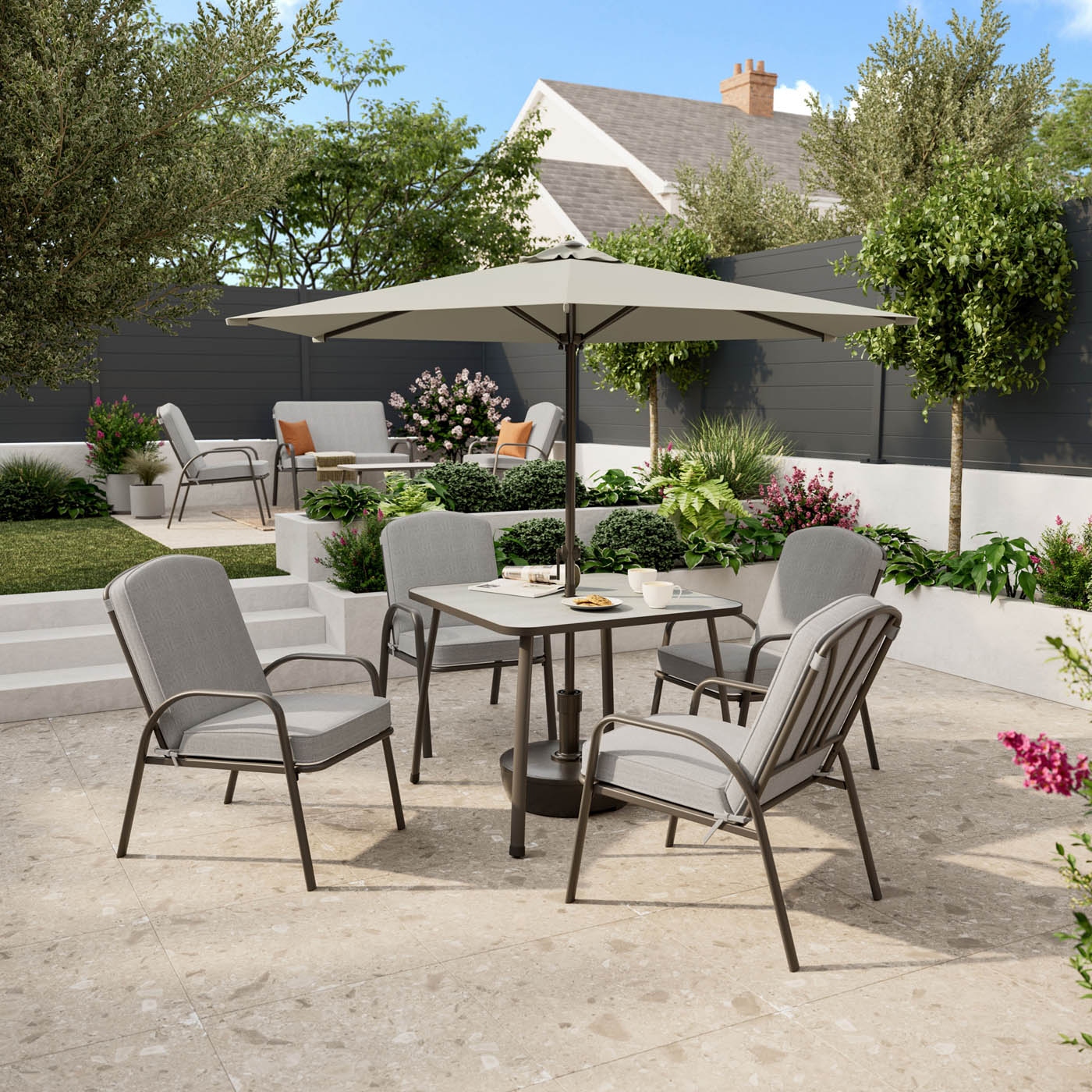 Garden Furniture Dining Set 4 Seater Grey Metal Table Chairs Parasol Outdoor - Image 2