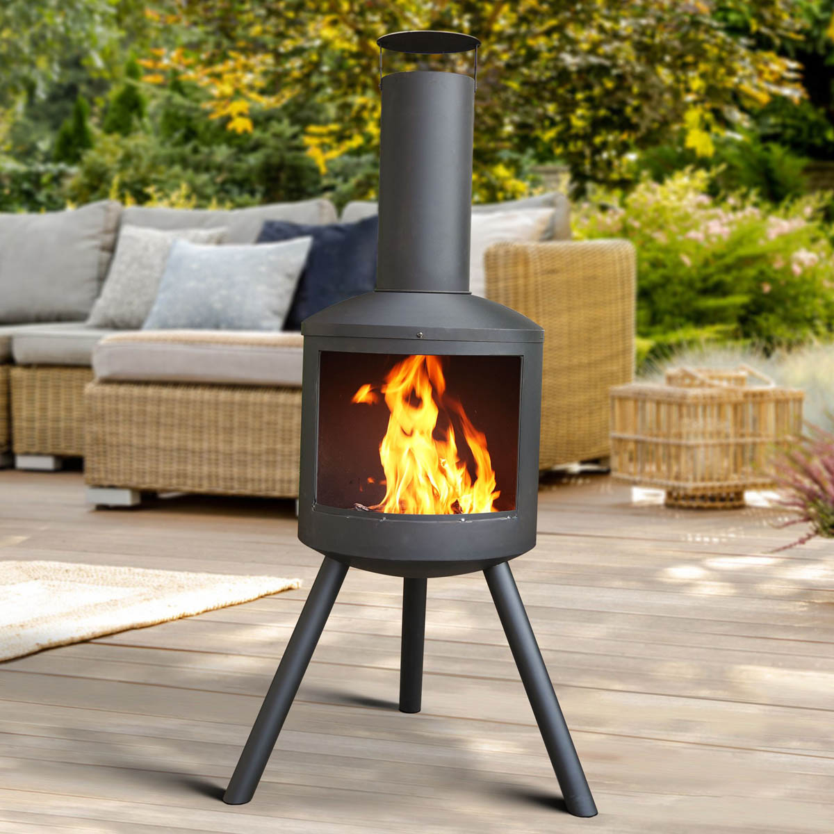 Outdoor Chiminea Steel Black Fire Pit Garden Wood Compact (H) 135.5 x (W) 64.2cm - Image 1