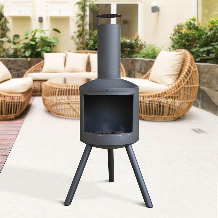 Outdoor Chiminea Steel Black Fire Pit Garden Wood Compact (H) 135.5 x (W) 64.2cm - Image 4