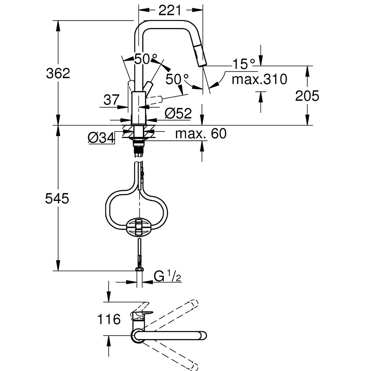 Grohe Kitchen Tap Mixer Chrome Pull Out Single Lever Swivel Spout Modern Faucet - Image 3