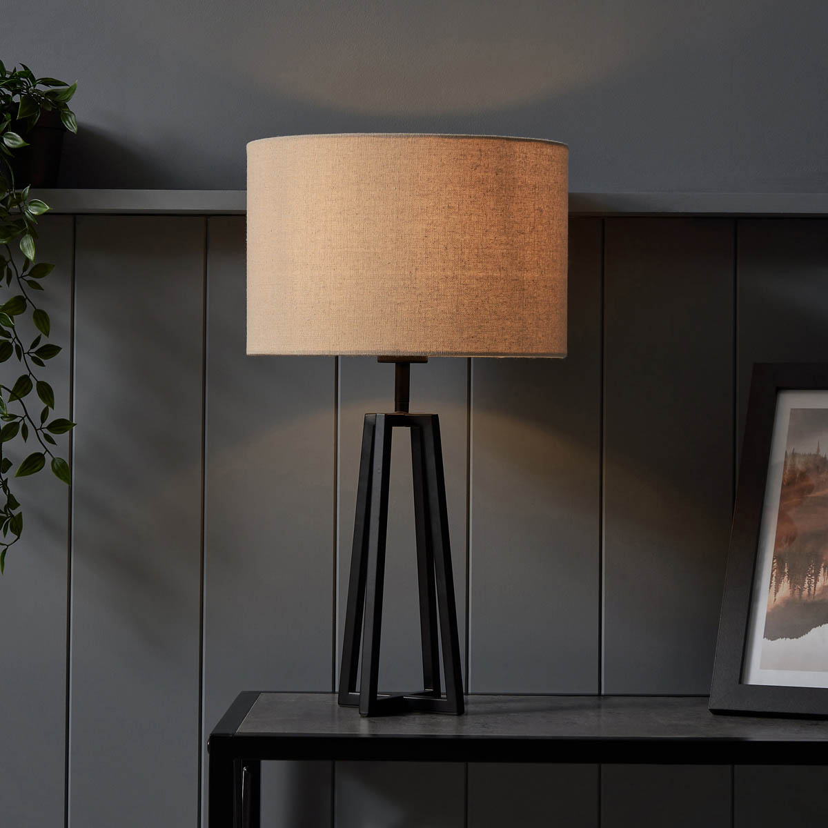 Inlight Table Lamp Natural Round Drum Matt Black Frame Modern Minimalist - Image 6