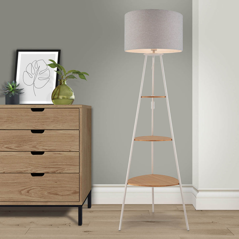 Aspen Floor Lamp With Shelves Matt Grey Drum Shade Modern Livingroom (H)155cm - Image 1