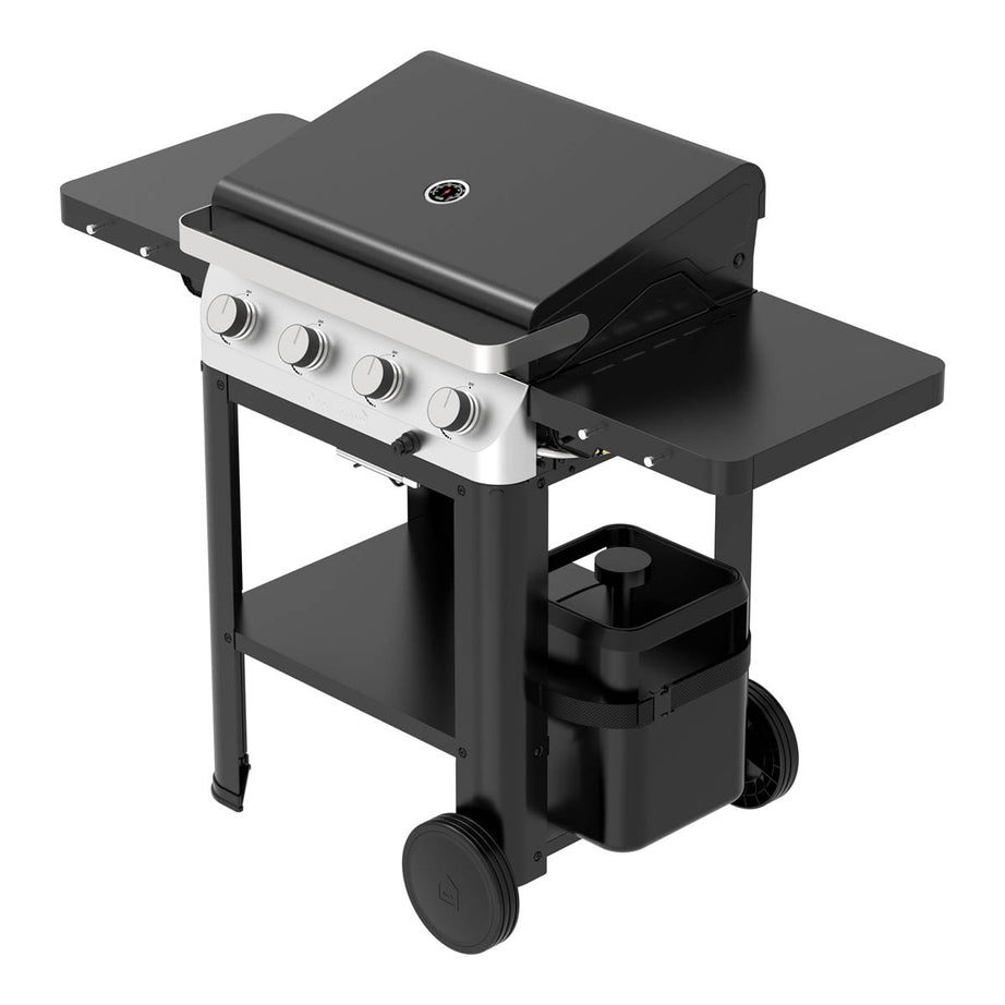 Gas BBQ 4 Burner Black Barbecue Portable Durable Grill 2 Side Tables Wheeled - Image 1