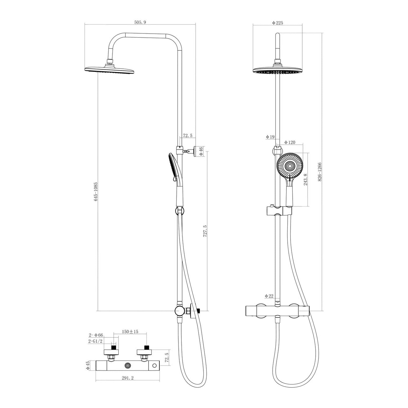 Thermostatic Mixer Shower Chrome effect Wall-mounted Multi head  & 1.5m hose - Image 2