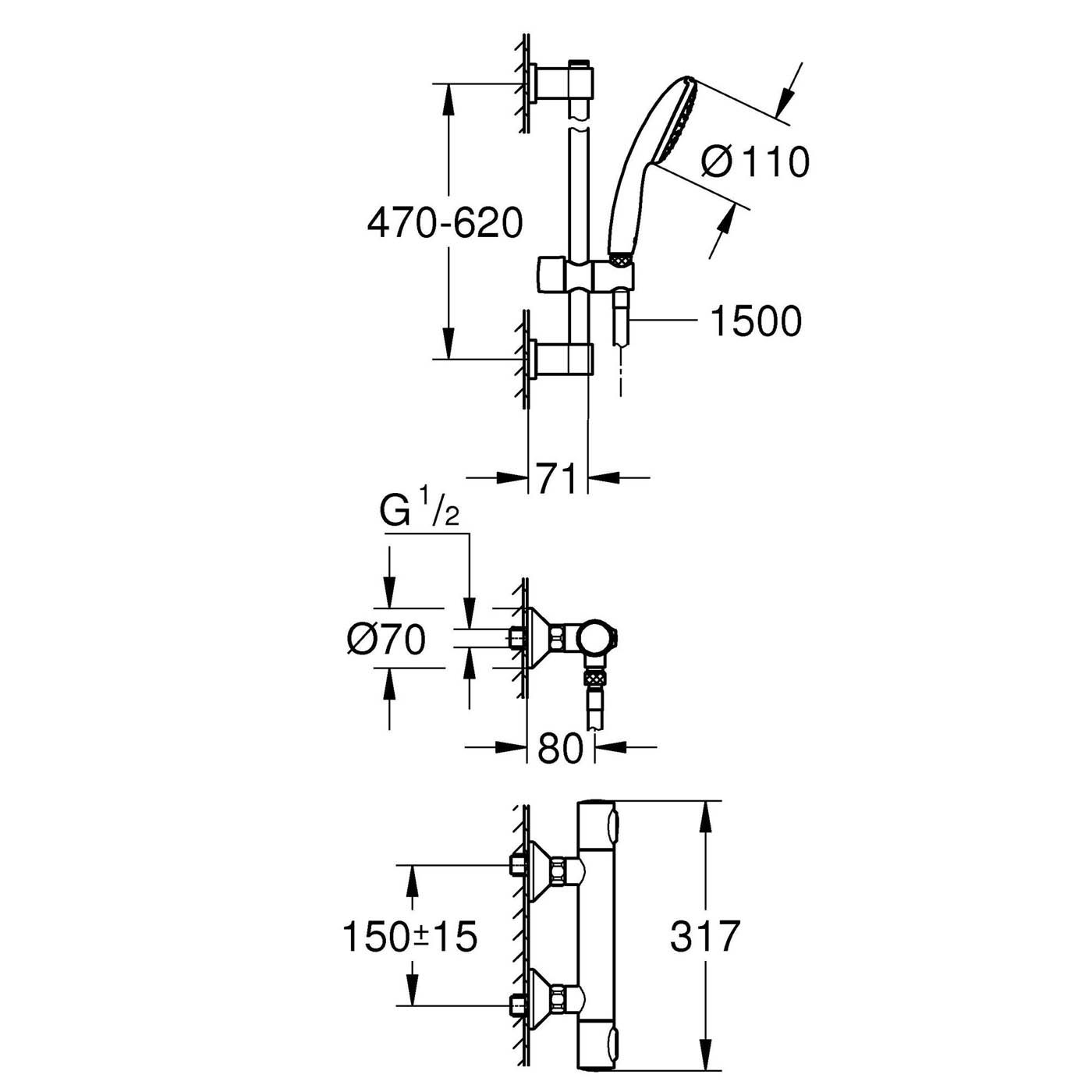Grohe Precision Mixer Shower kit Flow 600 Chrome Wall-mounted Thermostatic - Image 3