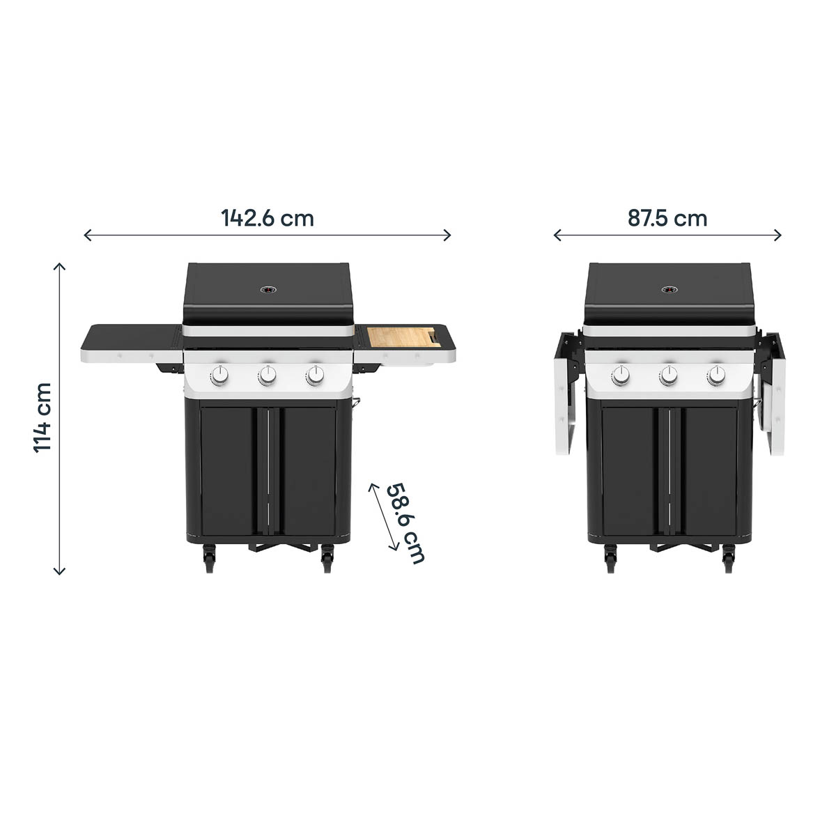 Gas BBQ 3 Burner Black Steel Side Shelves Outdoor Barbecue Electronic Ignition - Image 9
