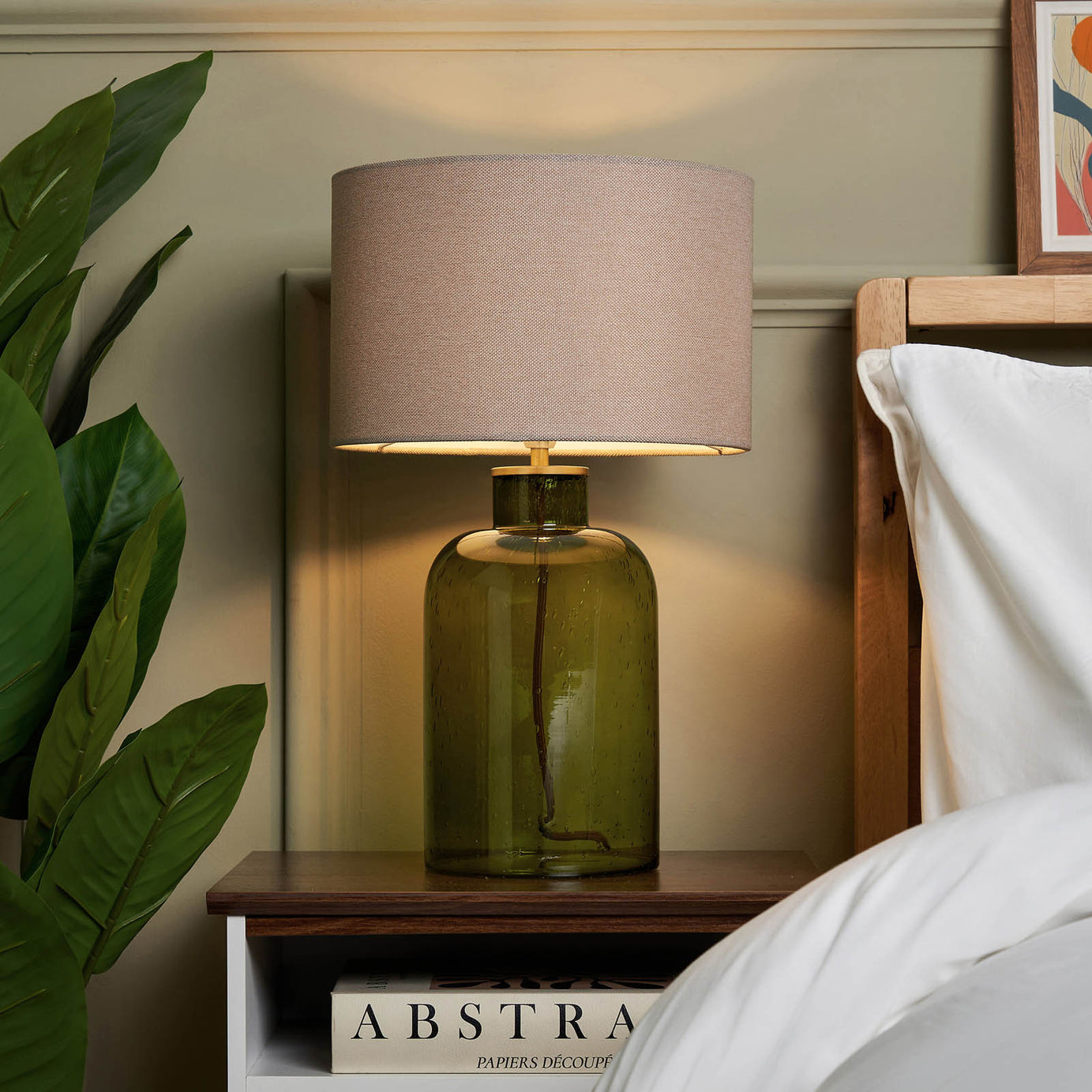 Inlight Table Lamp Round Green Glass Base Neutral Fabric Shade Contemporary - Image 2