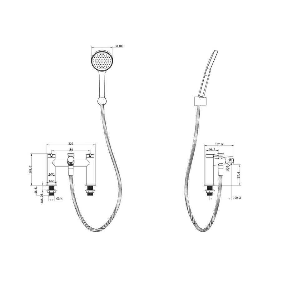 Bath Filler Tap Mixer Shower Handheld Chrome Double Lever Single Spray Pattern - Image 2