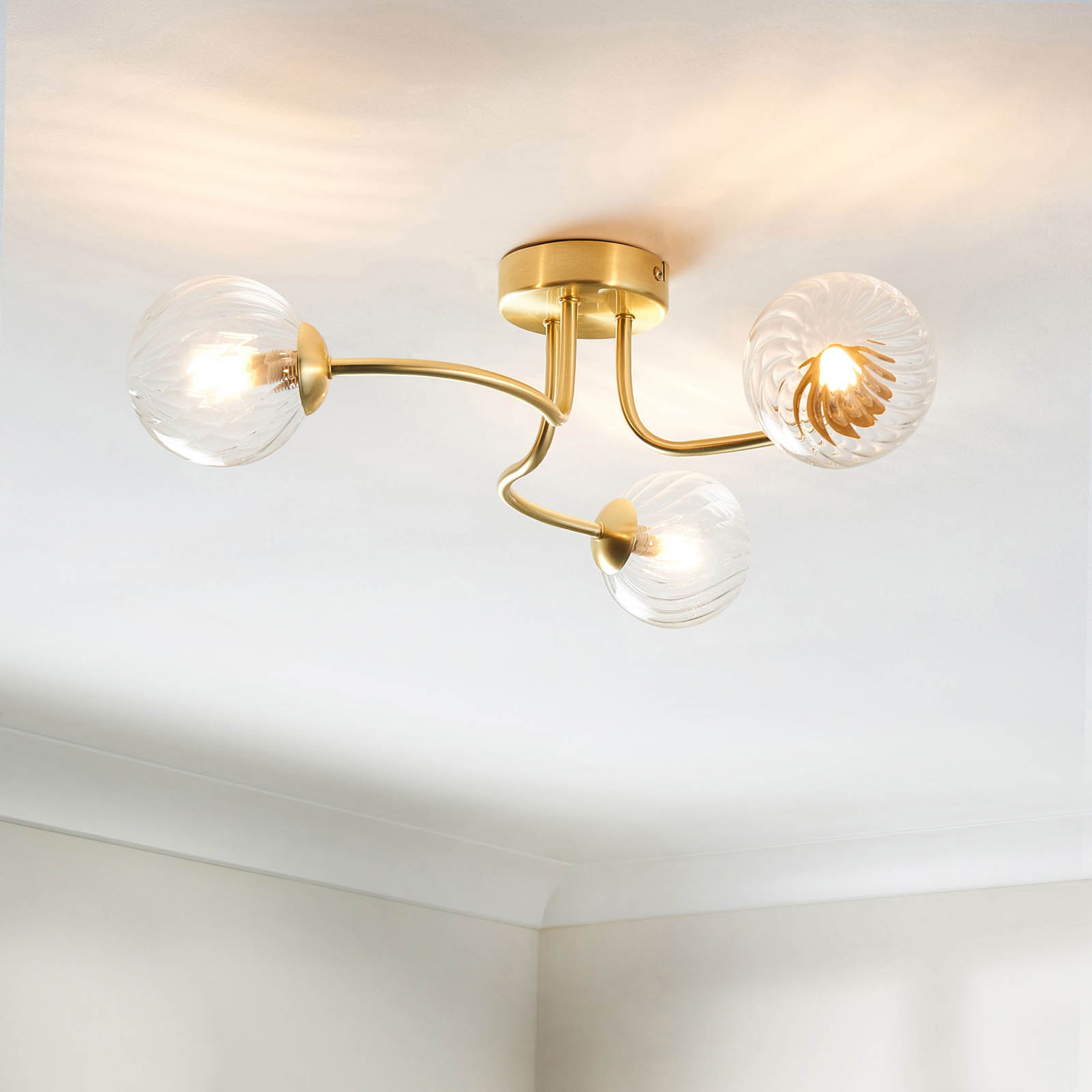 Ceiling Light LED 3 Lamp Clear Ribbed Glass Satin Gold Steel Dimmable Modern - Image 1