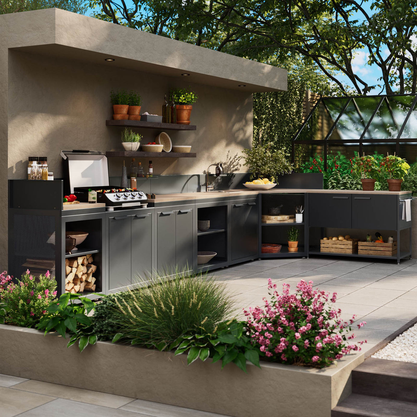 GoodHome Cucino Powder-coated Grey Open Steel Wood effect Outdoor kitchen cabinet unit - Image 5