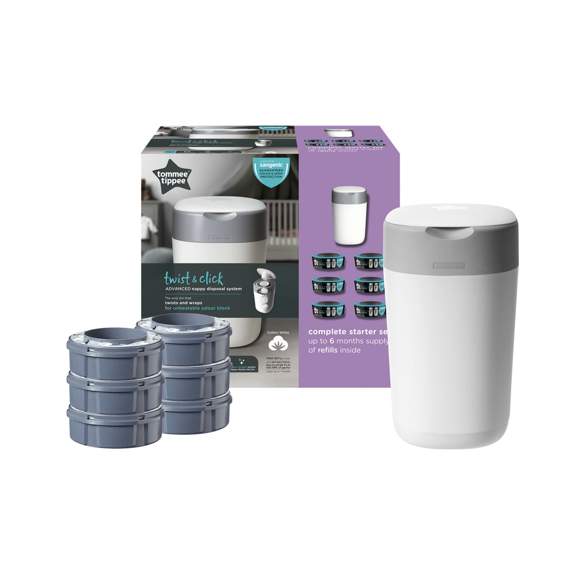 Tommee Tippee Twist and Click Advanced Nappy Bin Starter Set with 6 x Refills - Image 2