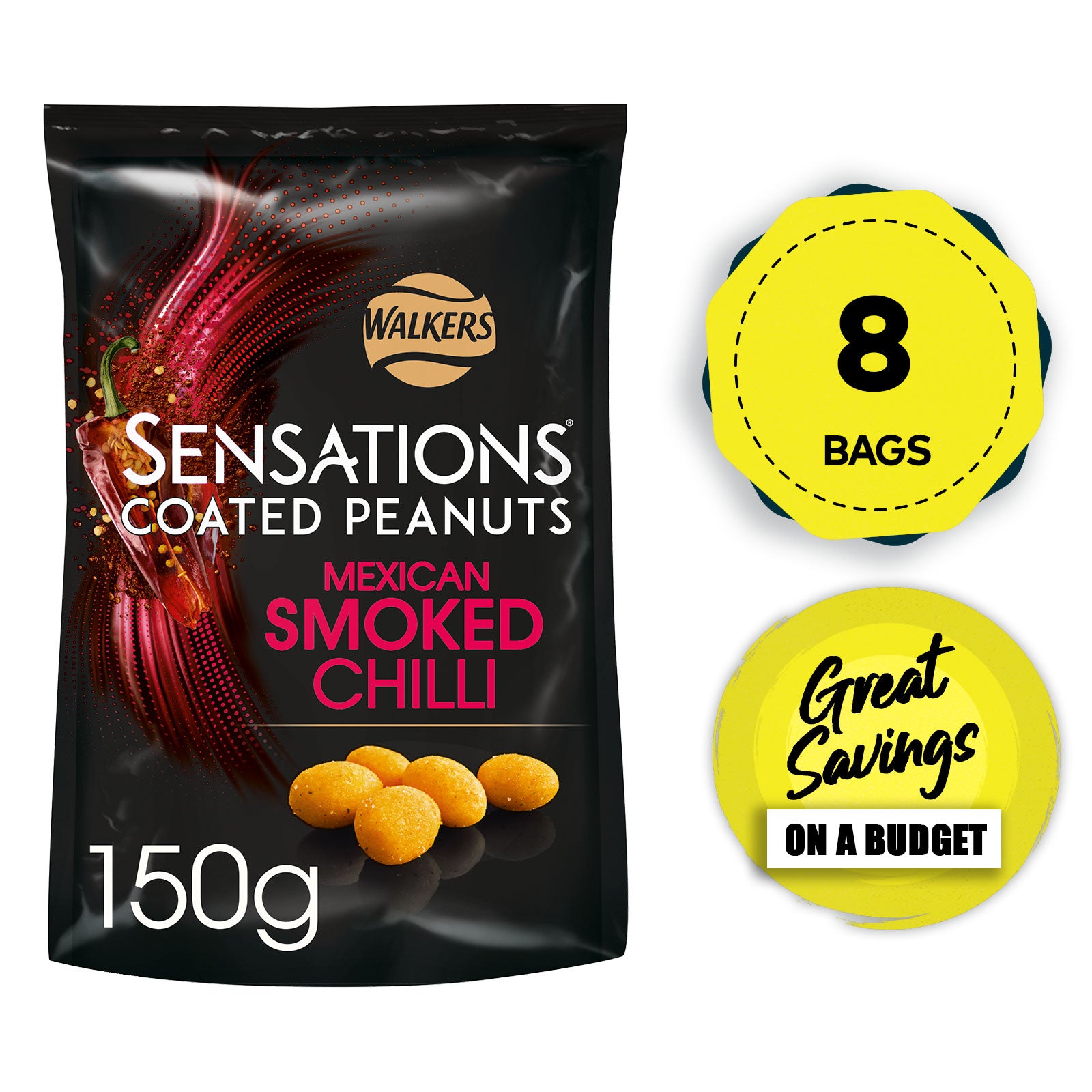 Sensations Peanuts Snack Smoked Chilli Coated Bundle of 8 x 150g Bags - Image 1