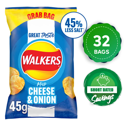 Walkers Mild Cheese Onion Less Salt Crisps Snacks Sharing Bundle 32 pack x 45g - Image 1