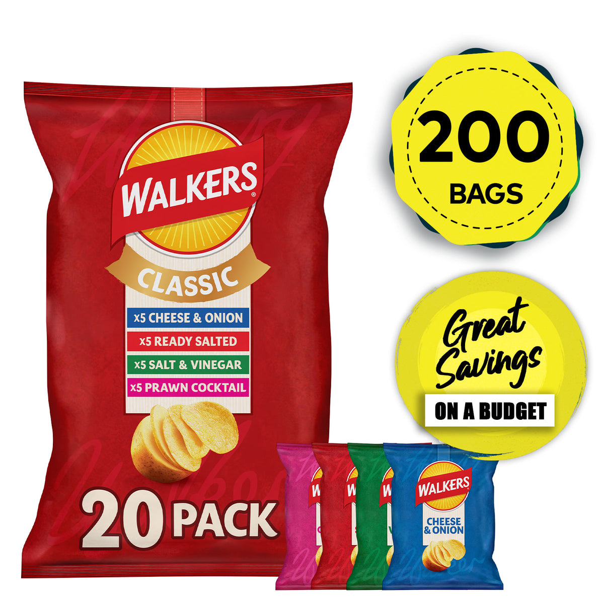 Walkers Crisps Salted Vinegar Prawn Cheese Onion Multipack Snack Bundle 200x25g - Image 1