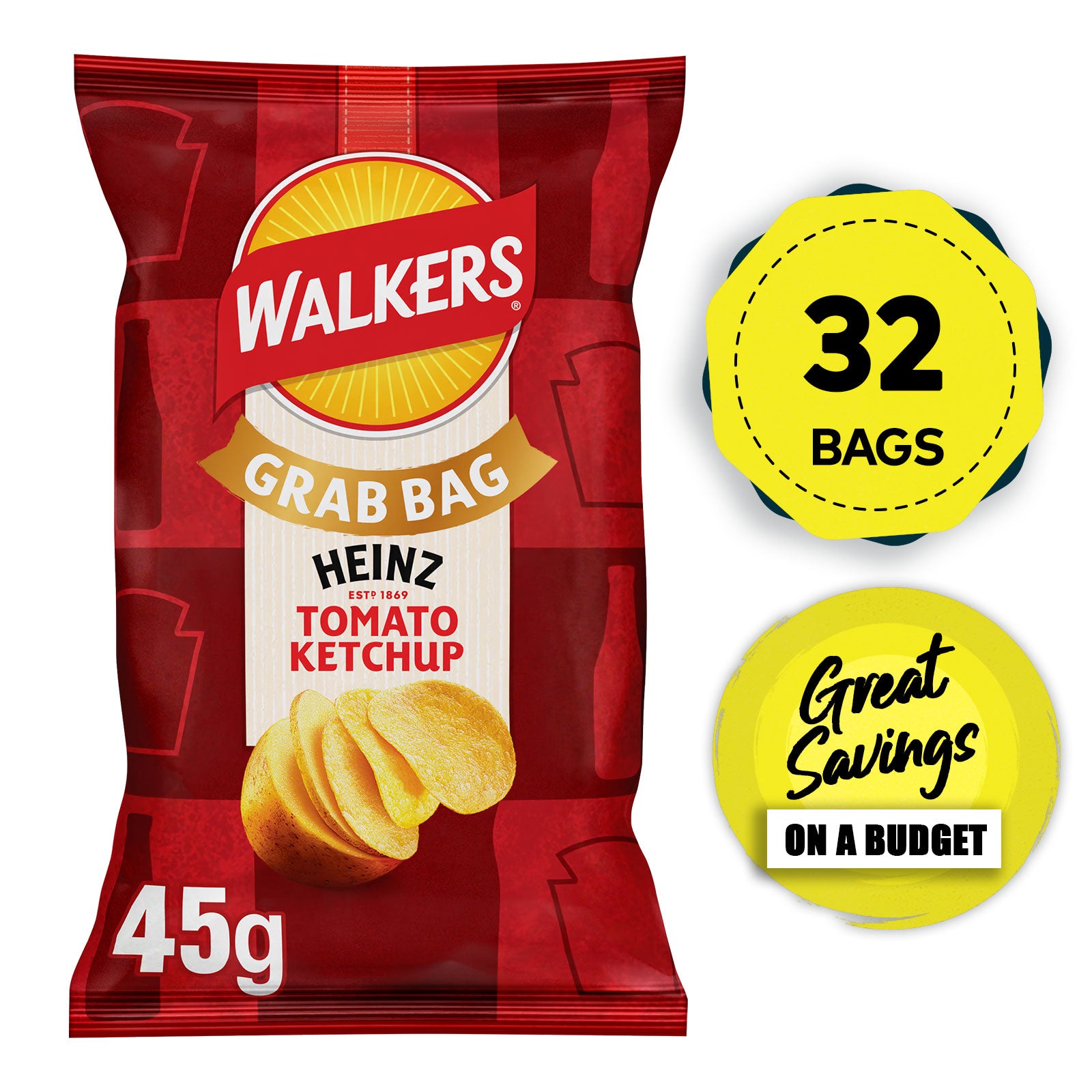 Walkers Heinz Tomato Ketchup Grab Bag Crisps 32 x 45g - Image 1