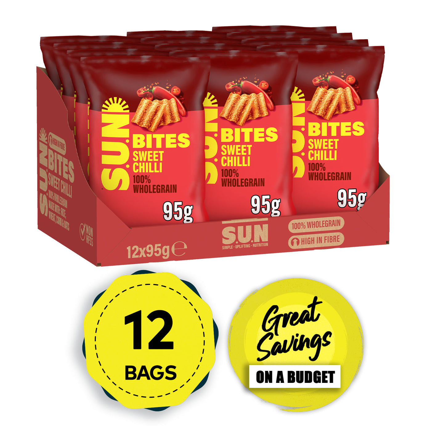 Sunbites Snacks Sweet Chilli Wholegrain Sharing Bag Crisps 12 x 95g - Image 1