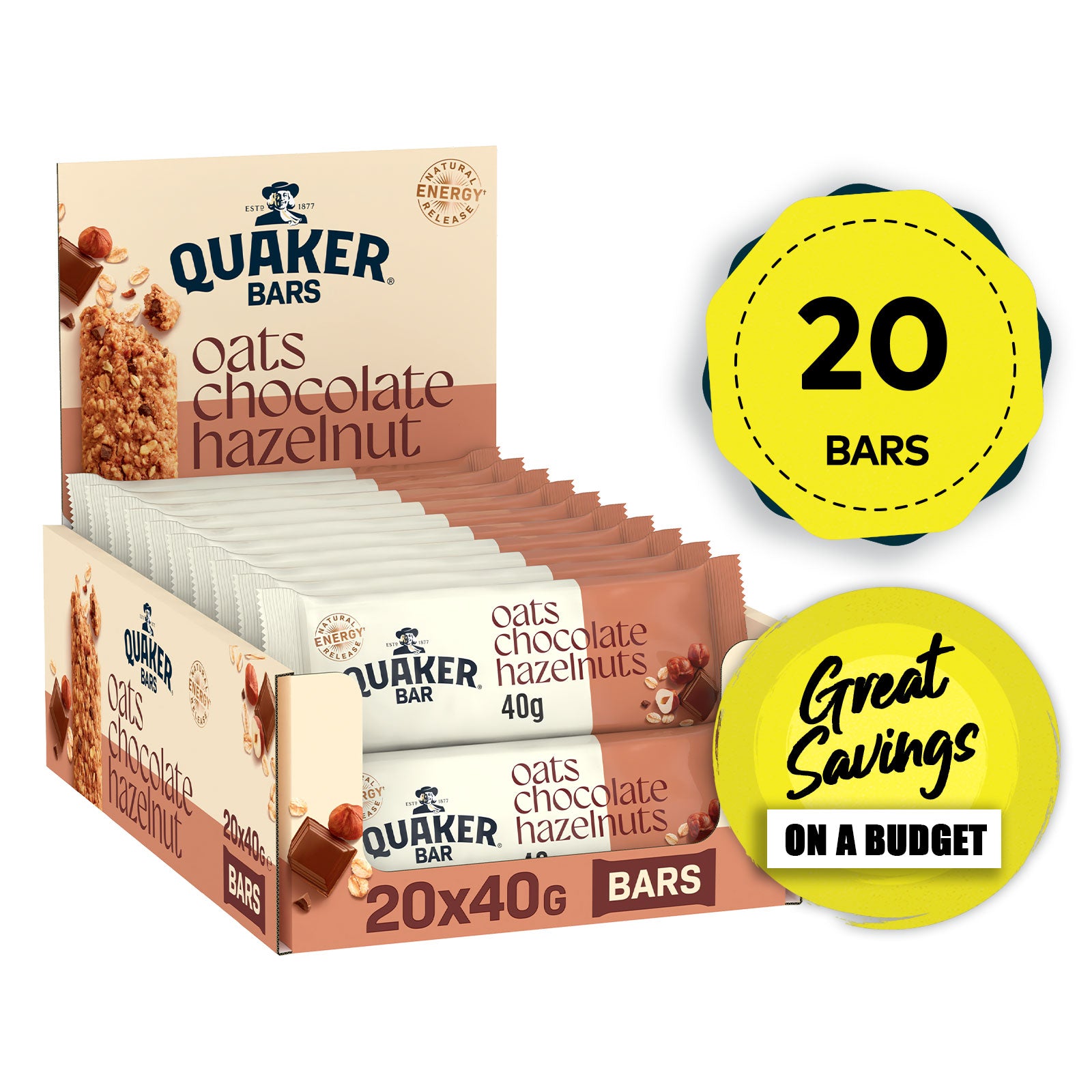Quaker Breakfast Bar Oat Cereal Bar with Chocolate & Hazelnuts 20 x 40g - Image 1