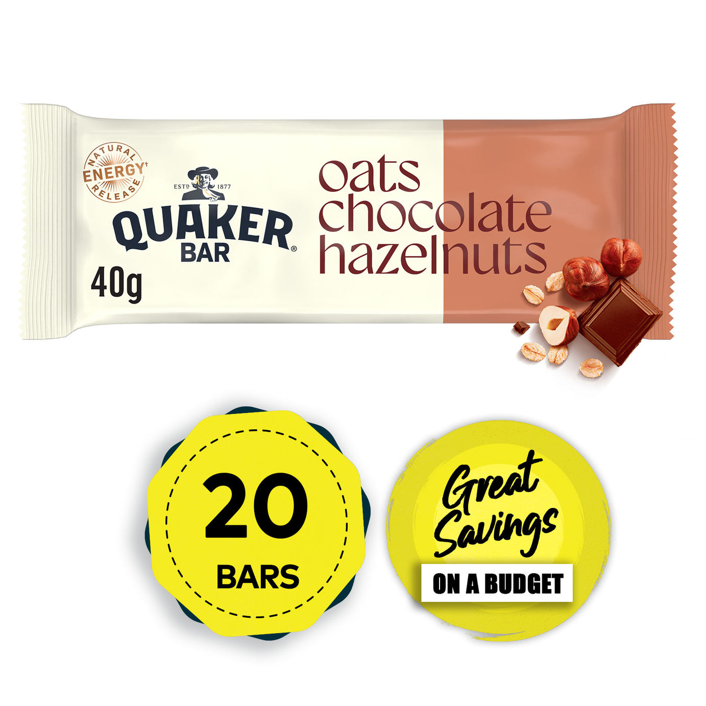 Quaker Breakfast Bar Oat Cereal Bar with Chocolate & Hazelnuts 20 x 40g - Image 3