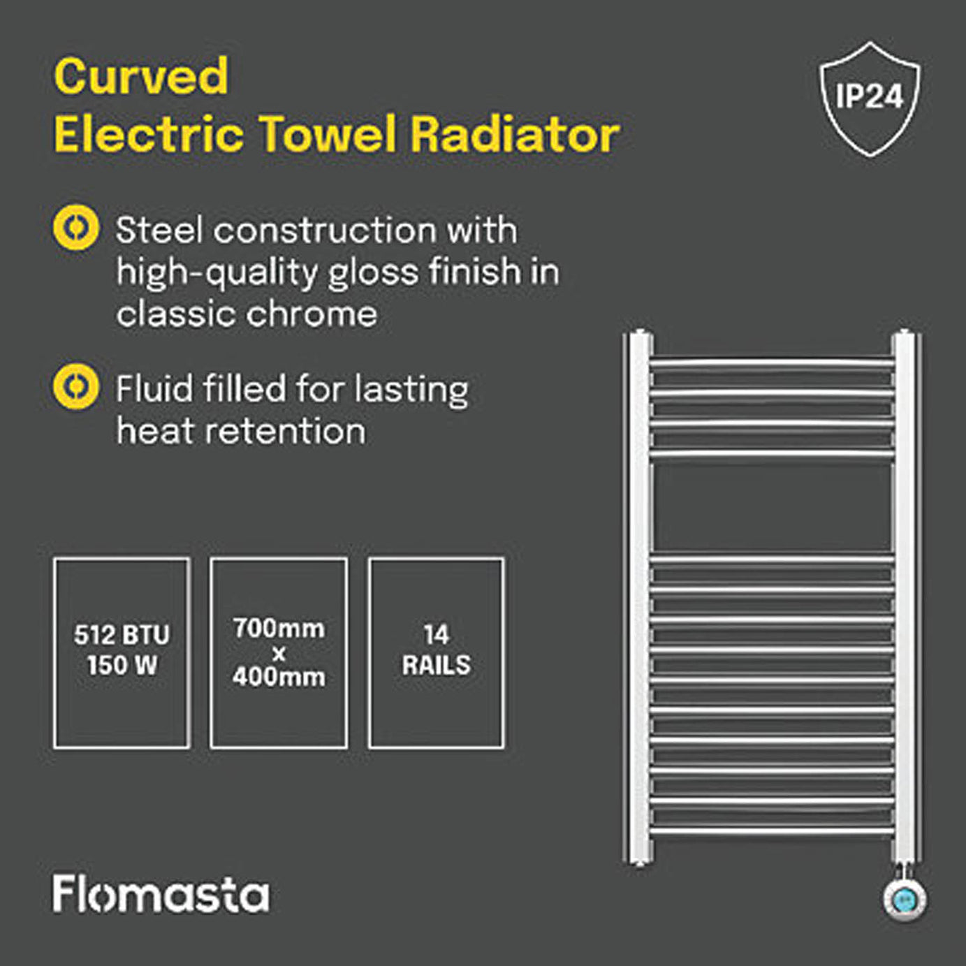 Flomasta 700mm x 400mm 512BTU Chrome Curved Electric Towel Radiator - Image 4