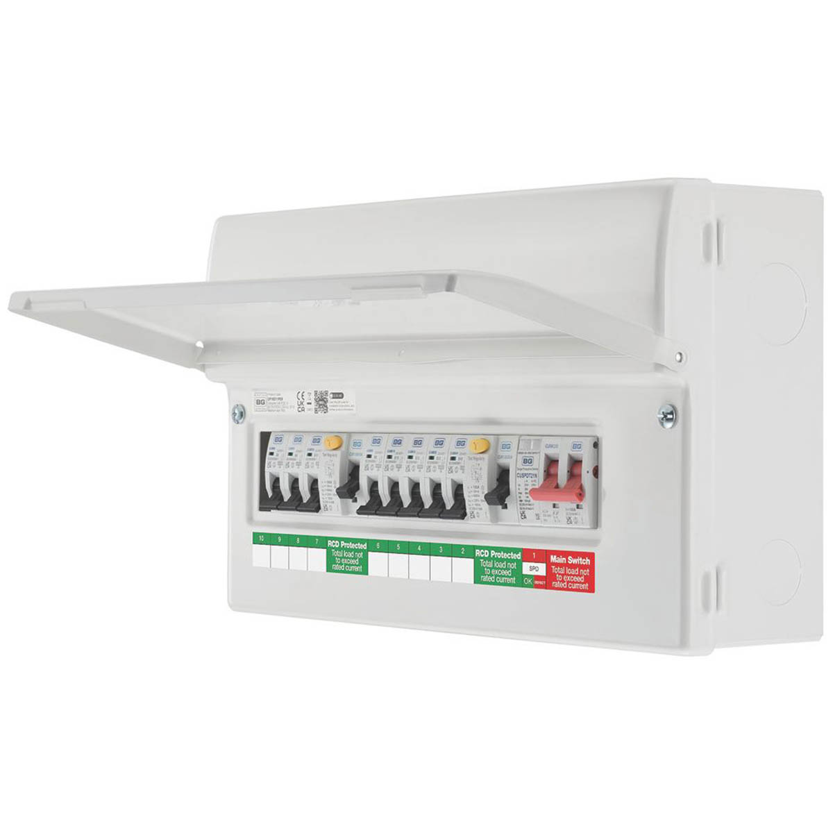 British General Consumer Unit Main Switch with SPD 9-Module 8-Way Part-Populated - Image 1