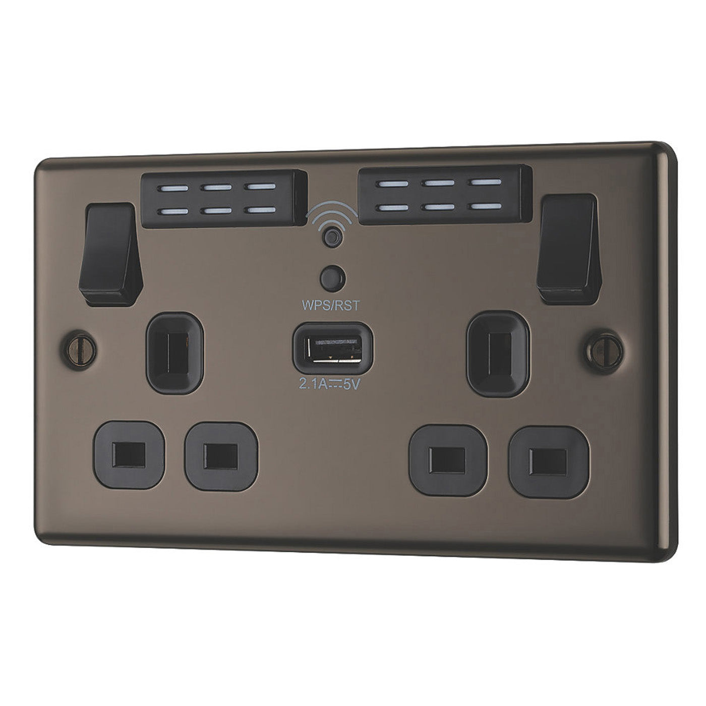 LAP Extender Socket Wi-Fi 13A 2-Gang 2.1A 2.4GHz USB Charger Type A Black Nickel - Image 1