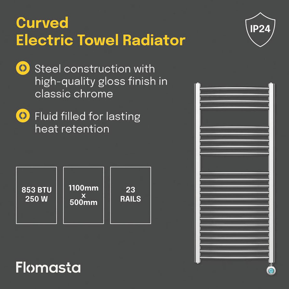 Flomasta Electric Towel Radiator Curved Gloss Chrome 1100mm x 500mm 853BTU - Image 4