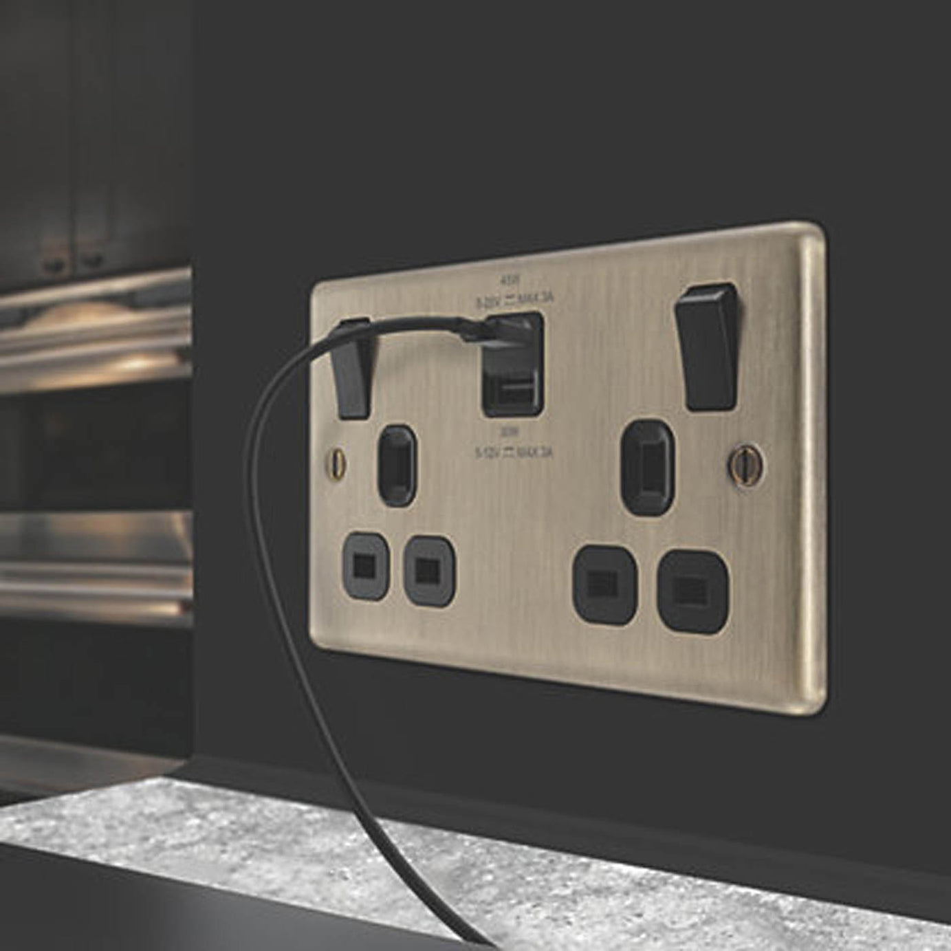 LAP 13A 2-Gang SP Switched Socket 3A 45W 2-Outlet USB Charger Antique Brass - Image 2