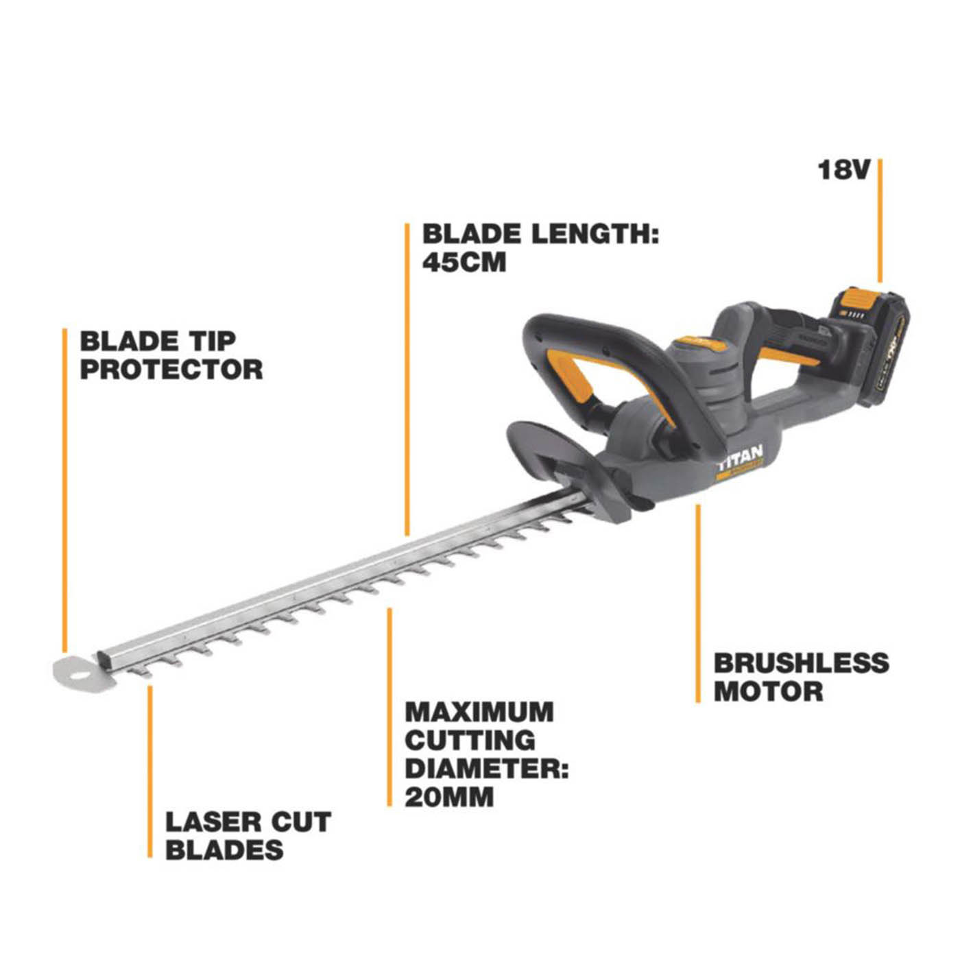 Titan  TTI1206GHT 45cm 18V 1 x 2.0Ah Li-Ion TXP Brushless Cordless Hedge Trimmer - Image 3