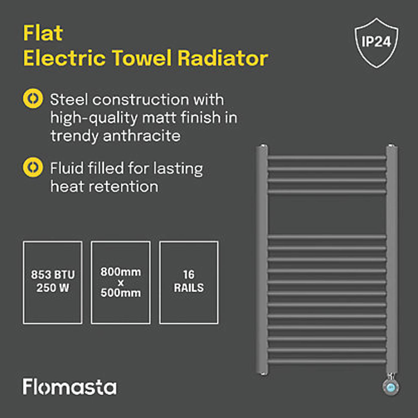 Flomasta 800mm x 500mm 853BTU Anthracite Flat Electric Towel Radiator - Image 4