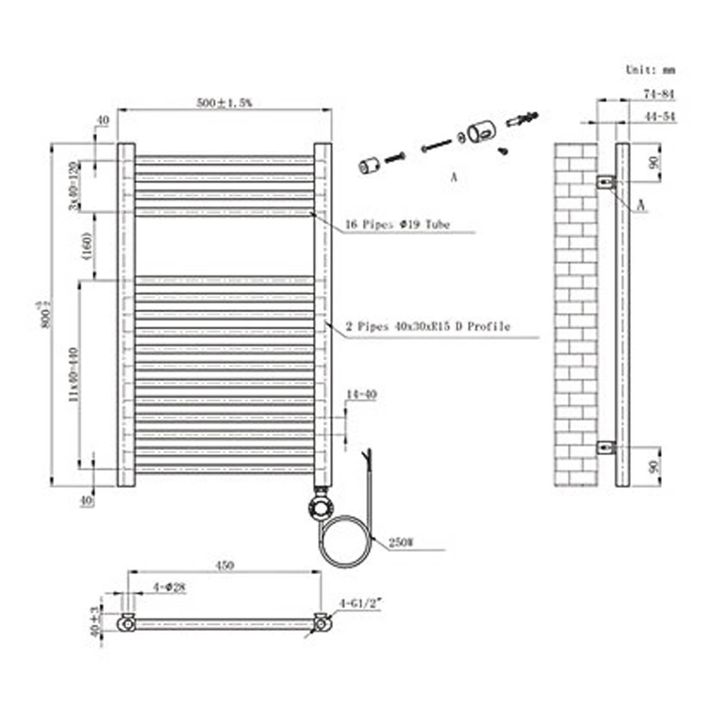 Flomasta 800mm x 500mm 853BTU Anthracite Flat Electric Towel Radiator - Image 8