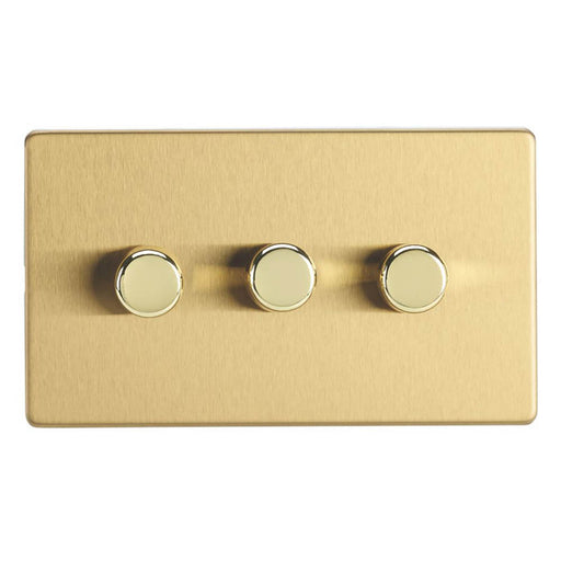 LED Dimmer Wall Switch 3-Gang 2-Way Rotary Push On/Off Screwless Brushed Brass - Image 1