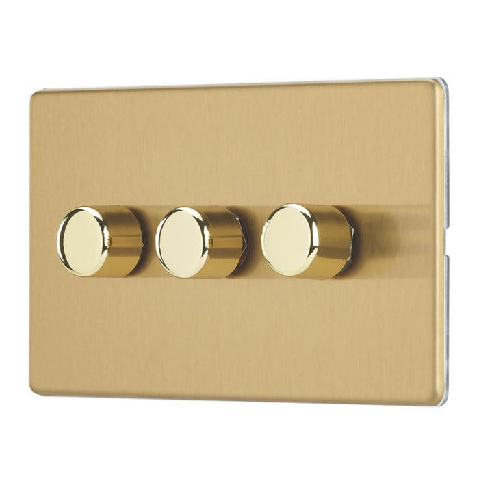 LED Dimmer Wall Switch 3-Gang 2-Way Rotary Push On/Off Screwless Brushed Brass - Image 4