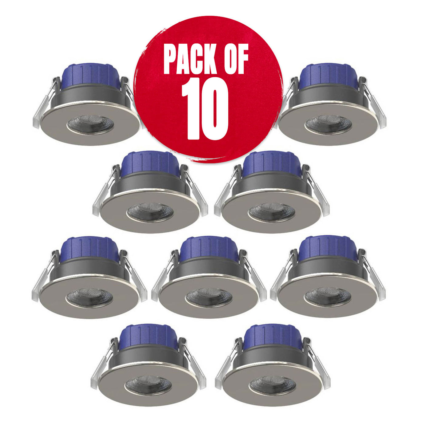 LED Downlights Fixed Fire Rated Bathroom Brushed Nickel Dimmable 600lm 10 Pack - Image 1