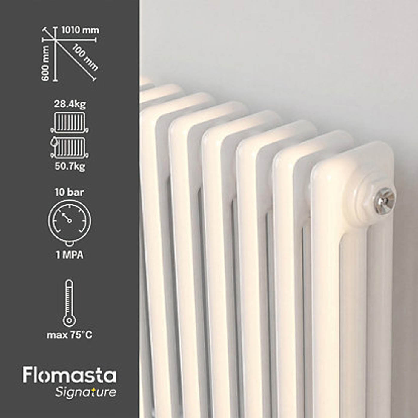 Flomasta 600mm x 1010mm 4366BTU White Horizontal 3 Column Radiator - Image 4