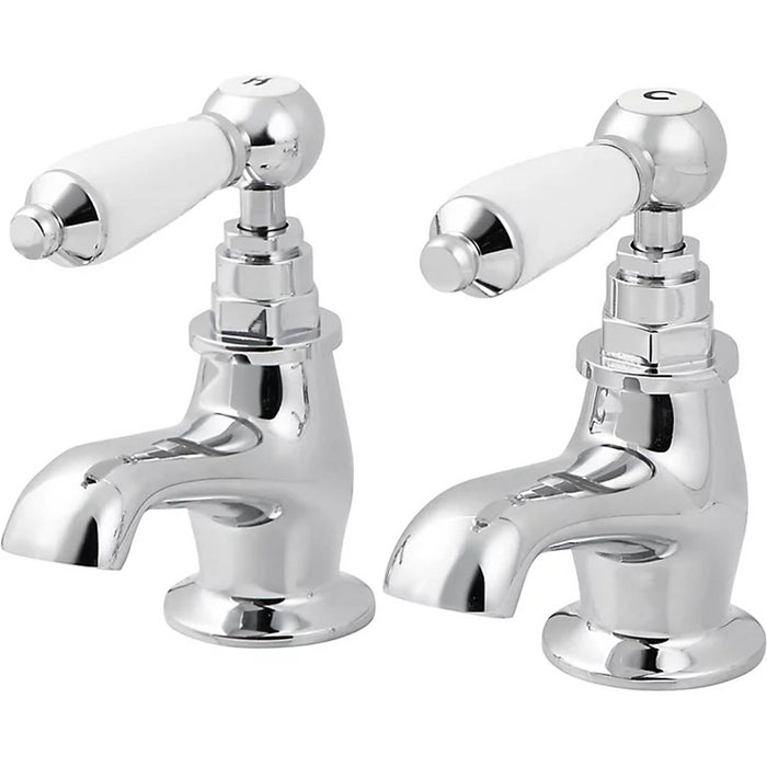 Bathroom Sink Taps Basin Pillar Chrome Traditional Lever Silver Twin Pair - Image 1