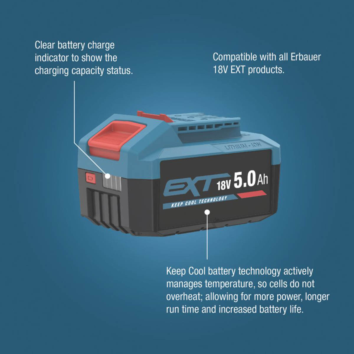 Erbauer Battery ERI1100BAT 18V 5.0Ah Li-Ion EXT Compact Powerful Lightweight - Image 3