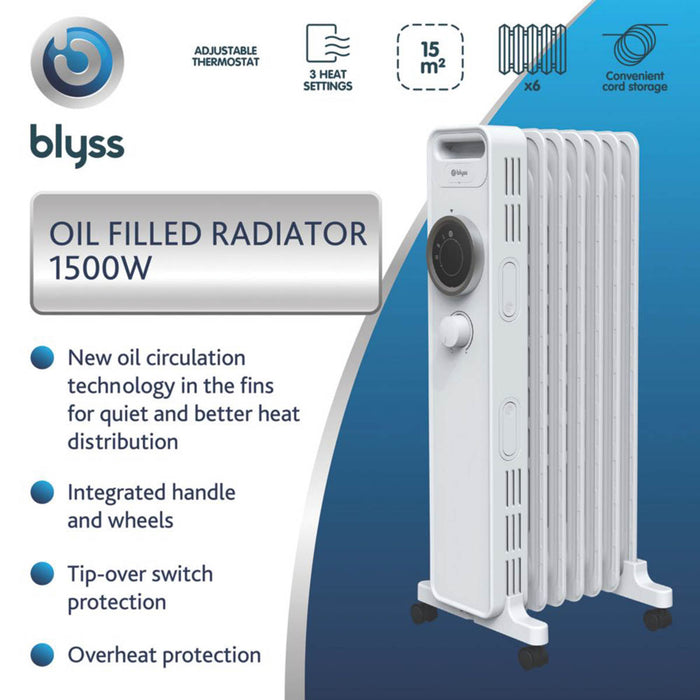 Oil-Filled Radiator Electric Freestanding Wheeled Portable Handle White 1500W - Image 4