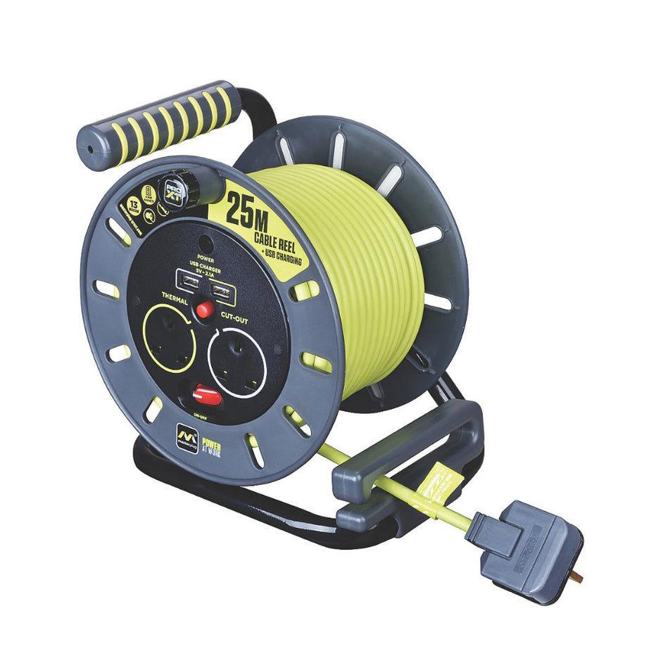 Masterplug 13A 2-Gang 25M Cable Reel + 2.1A 2G Usb Charger 240V (4728X) - Image 1