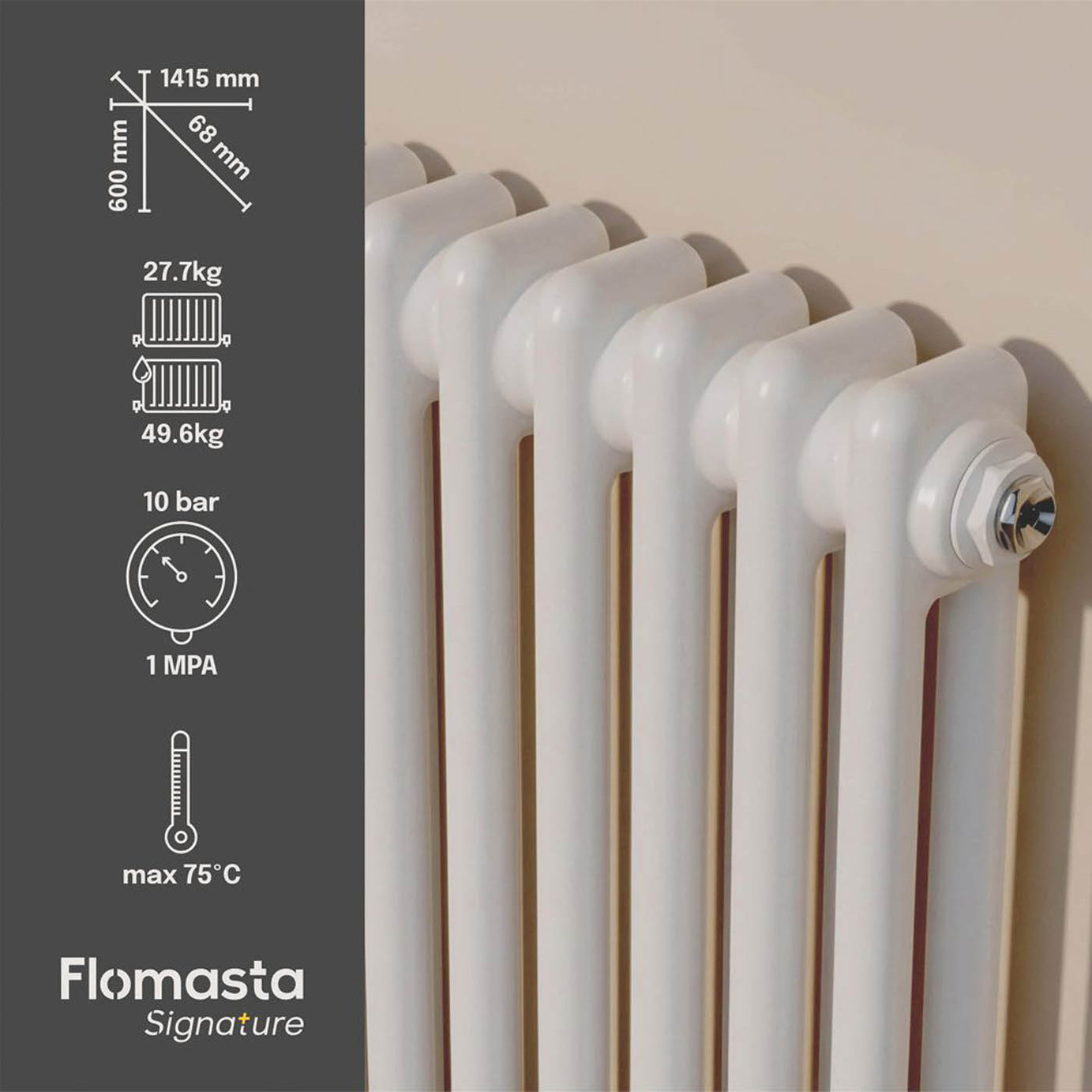 Flomasta 600mm x 1415mm 4978BTU White Horizontal 2 Column Radiator - Image 4
