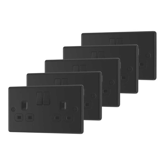 Switched Wall Socket 2-Gang Matt Black Double 13A SP With Black Inserts 5 Pack - Image 1