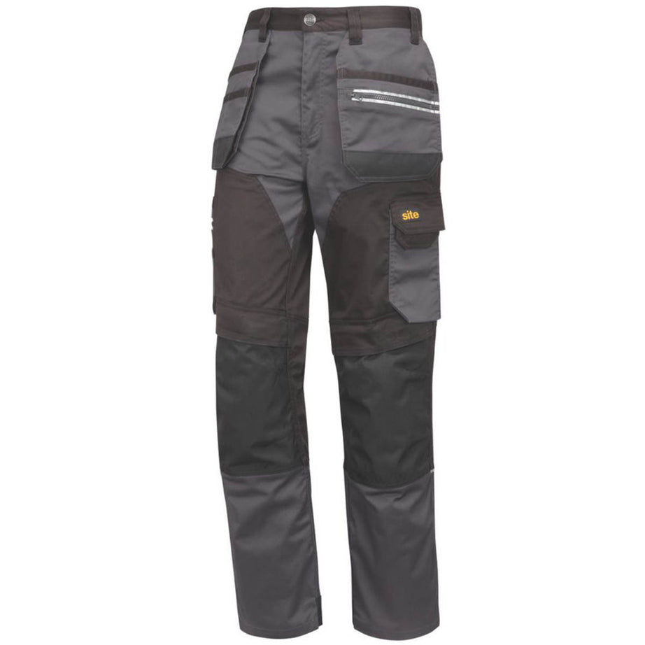 Site Work Trousers Mens Regular Fit Grey Black Multi Pockets Stretch 38"W 30"L - Image 1