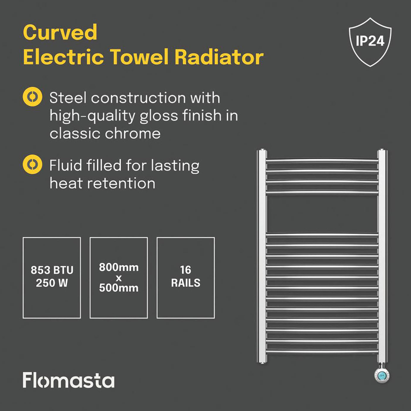 Flomasta Towel Rail Radiator Electric Chrome Curved Pre-Filled 800x500mm 853BTU - Image 4