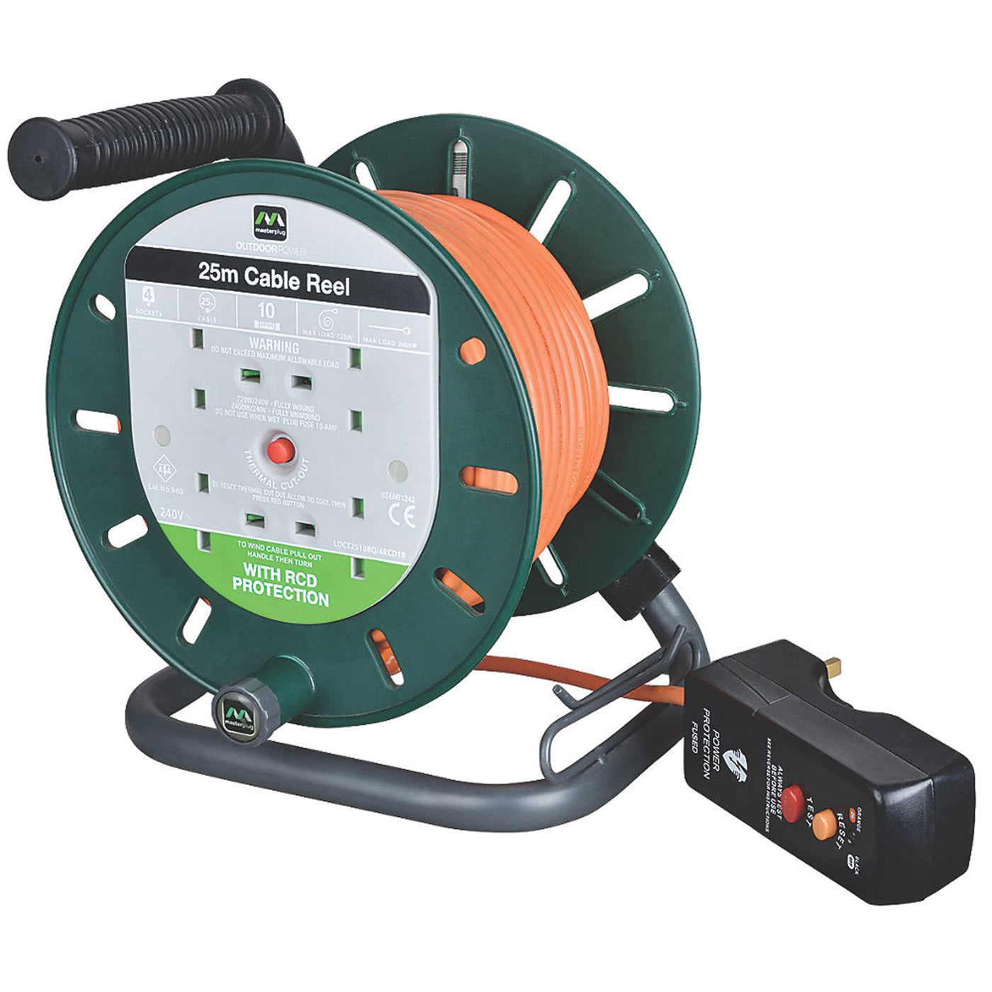 Masterplug Cable Reel RCD 4 Gang 3-Core Thermal Overload Protection 10A 240V 25m - Image 2