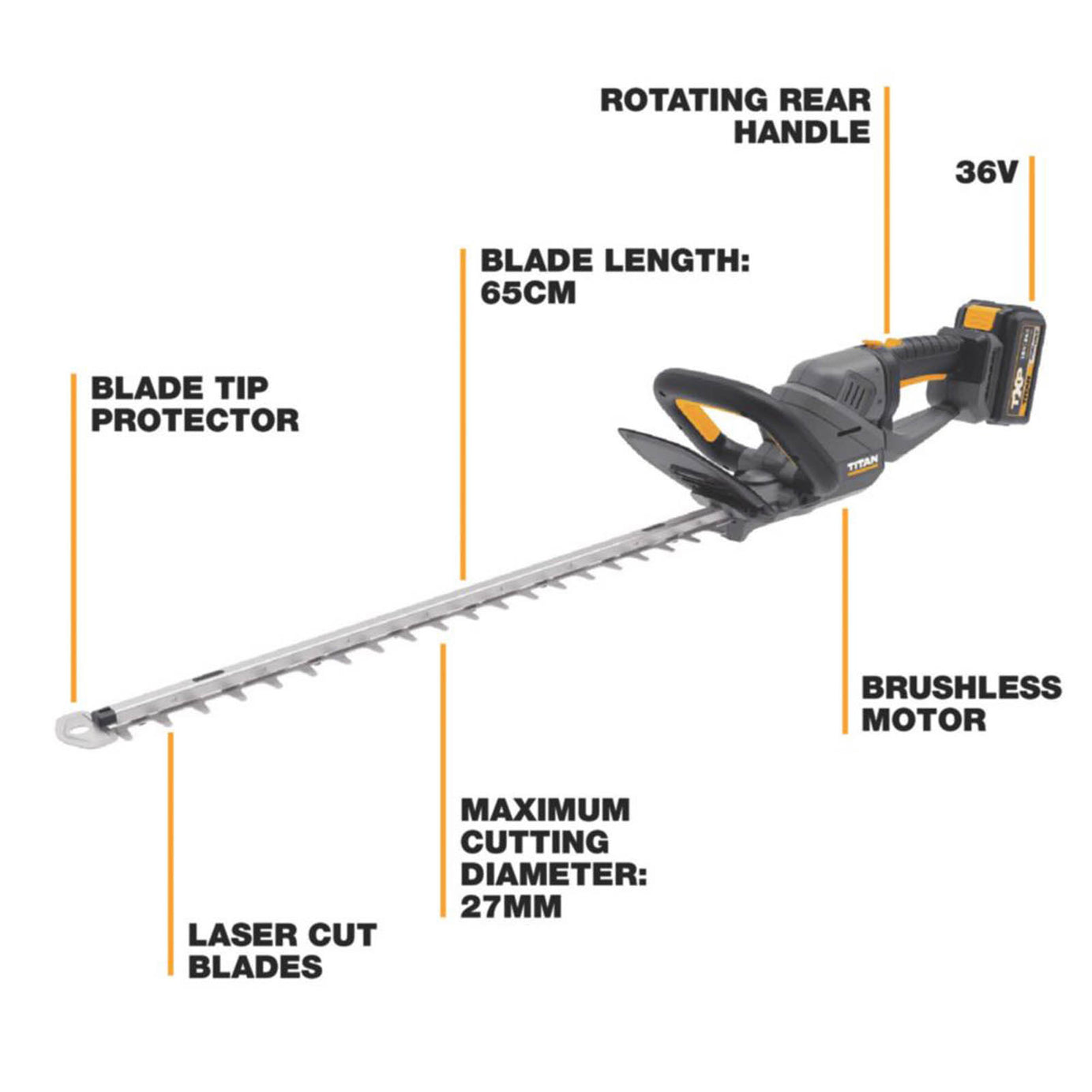 Titan  TTT1210GHT 65cm 36V 1 x 4.0Ah Li-Ion TXP Brushless Cordless Hedge Trimmer - Image 3