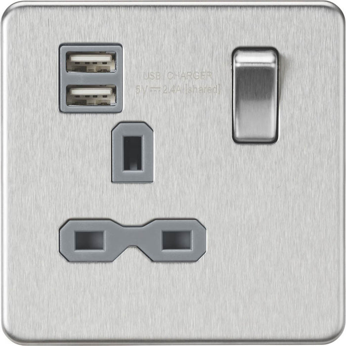 Switched Socket 13A 1 Gang 2 Outlet Type A USB Charger 2.4A 12W Brushed Chrome - Image 1