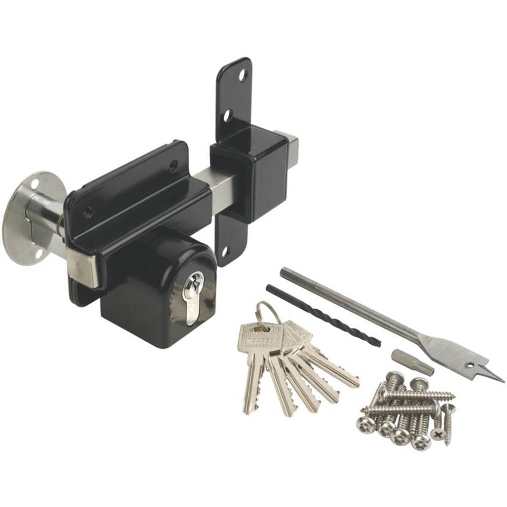 Door Lock Double Locking Garage Sheds Gates Euro Long Throw Black Steel 5 Keys - Image 1