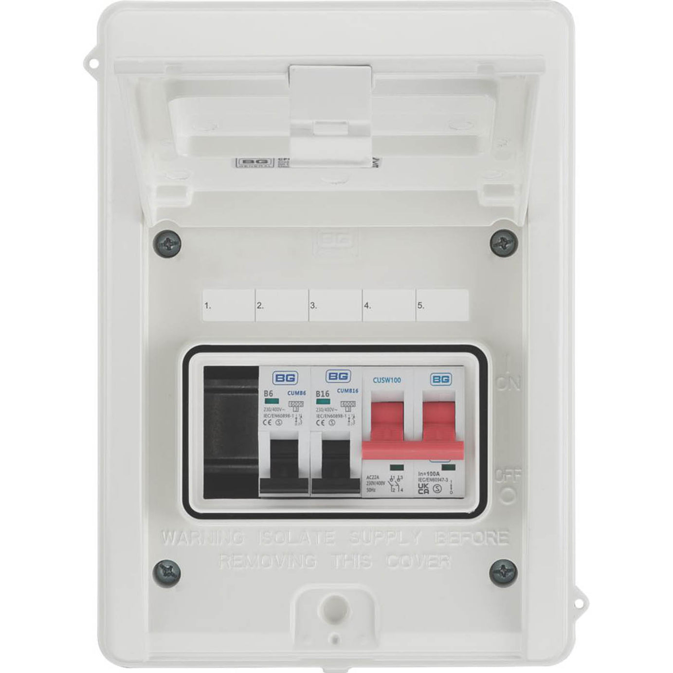 BG Garage Consumer Unit 3 Way 100A Part Populated 5 Module B MCBs Fuse Board - Image 2